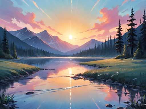 This detailed painting captures a serene landscape at either sunrise or sunset, with the sun positioned centrally in the sky. The sky is a blend of blue and pink hues, with pink clouds scattered around, adding to the tranquil atmosphere. Below the sky, a majestic mountain range stretches across the background, its peaks dusted with snow. In front of the mountains, a dense forest of tall pine trees extends from the left to the right side of the image. 

In the foreground, a calm body of water, possibly a lake or river, reflects the sky and the surrounding landscape. The water's surface is smooth, with only a few ripples disturbing its mirror-like quality. On the left side of the water, there is a small grassy area, while the right side features a larger grassy expanse with tall pine trees. The overall scene is bathed in the soft, warm light of the sun, creating a harmonious and peaceful composition.