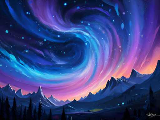 This captivating image, which appears to be a painting or digital artwork, depicts a mesmerizing night sky filled with swirling colors and intricate details. The sky is a dynamic blend of dark blue, purple, pink, and orange hues, creating a vortex-like effect that draws the viewer's eye. Scattered throughout the sky are numerous stars, depicted as small blue and white dots, adding to the celestial ambiance.

Below the vibrant sky, a mountain range stretches across the horizon, its peaks rendered in dark blue and purple tones. The mountains are illuminated by a soft orange glow, likely from a setting sun, which casts a warm light over the landscape. In the foreground, a dark forest of tall, slender pine trees stands in stark contrast to the illuminated sky and mountains. The trees are depicted in deep black, emphasizing the nighttime setting.

At the base of the mountains, a small village or town can be seen, with tiny houses and buildings dotting the landscape. The overall scene is a harmonious blend of natural elements and artistic expression, capturing the serene beauty of a nighttime mountain vista.