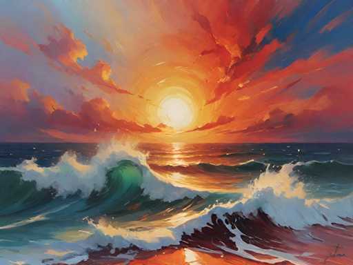 A vibrant, impressionistic painting of a dramatic sunset over the ocean. The sky is ablaze with fiery oranges, reds, and yellows, with swirling clouds catching the light. The ocean waves are depicted in a dynamic, textured style, with foamy white crests and deep turquoise water. The overall impression is one of powerful energy and breathtaking beauty, capturing the fleeting moment of a sunset over the sea.