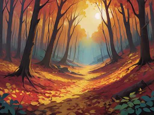 This image is a detailed painting of a serene forest scene during autumn. The forest is filled with tall trees, their branches adorned with vibrant orange and yellow leaves. The ground is carpeted with a mix of red, orange, and yellow fallen leaves, creating a rich tapestry of autumn hues. A winding path, covered in the same colorful foliage, meanders through the center of the forest, leading the viewer's eye deeper into the scene. The sky above is a clear blue, with the sun shining brightly, casting a warm glow over the entire landscape. In the bottom corners of the image, small plants with green leaves add a touch of life to the forest floor. The overall atmosphere is one of tranquility and natural beauty, capturing the essence of a crisp autumn day.