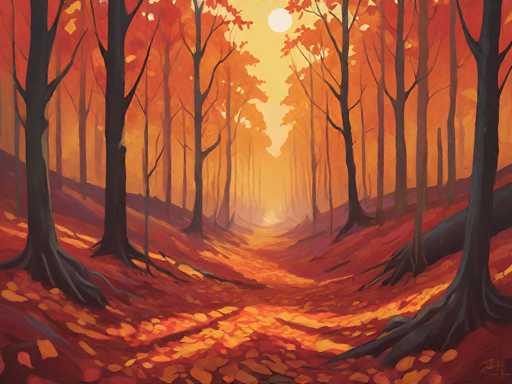 This image is a detailed painting of a serene autumn forest scene. The forest is depicted with tall, slender trees that have dark brown trunks and branches, creating a dense canopy overhead. The leaves on the trees are a vibrant mix of orange, yellow, and red, with some still clinging to the branches while many have fallen to the ground. The forest floor is blanketed with these fallen leaves, creating a rich tapestry of autumnal colors. A narrow, winding path meanders through the center of the forest, its surface a blend of orange and yellow hues, likely from the reflection of the sun above. The sky is a warm yellow, suggesting either sunrise or sunset, and a bright white sun is visible at the top center of the painting. The overall atmosphere is one of tranquility and natural beauty, capturing the essence of a crisp autumn day.