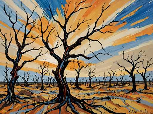 This image is a detailed painting of a barren, desert-like landscape. The ground is a mix of brown, gray, and blue hues, with visible roots and cracks, giving it a desolate appearance. The sky is a striking blend of blue, white, and orange, with streaks of these colors radiating outward from the center, creating a dramatic backdrop. In the foreground, two prominent trees stand with twisted, gnarled trunks and bare branches, devoid of any leaves. These trees are painted in shades of brown, black, and blue, with their roots extending visibly into the ground. Scattered throughout the background are numerous smaller trees, all bare and leafless, contributing to the overall sense of desolation. The painting is signed in the bottom right corner with the initials "R.M." and the last name starting with a "P."