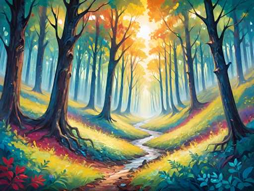 The image depicts a serene forest scene with tall trees and a winding path through the center of the frame. The sky above is a clear blue, providing a beautiful backdrop for the vibrant colors below. The trees are painted in various shades of green, yellow, orange, and red, creating a sense of depth and dimension. The path meanders through the forest, disappearing into the distance as it winds its way around the trees.