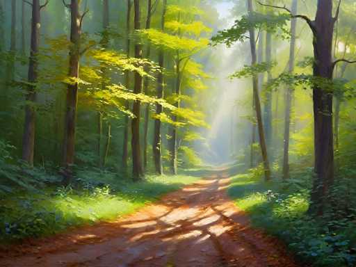 This image depicts a serene forest scene with a dirt path winding through the center. The path, which is reddish-brown and scattered with leaves, stretches from the bottom of the image and curves slightly to the right as it extends into the distance. On either side of the path, lush green grass and dense foliage thrive, with tall trees featuring brown trunks and vibrant green leaves. The forest canopy is thick, allowing only dappled sunlight to filter through, creating a play of light and shadow on the ground. In the background, the path seems to lead into a misty, foggy area, adding a sense of depth and mystery to the scene. The overall atmosphere is tranquil and inviting, with the natural elements harmoniously blending together to create a picturesque woodland setting.