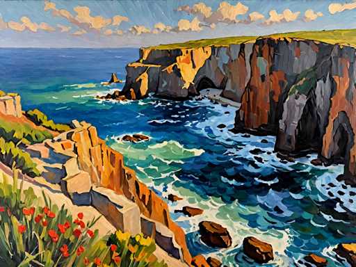 The image depicts an ocean scene with a rocky cliff face on the left side and a body of water filled with waves on the right side. The painting is done in an impressionist style, characterized by loose brushstrokes that capture the essence of the scene rather than focusing on minute details.