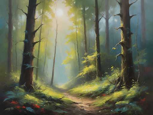 This image is a detailed painting of a serene forest scene. The forest is populated with numerous trees, their trunks and branches extending upwards, creating a canopy of green leaves. The ground is covered with lush grass and scattered leaves, adding to the natural beauty of the setting. A narrow, winding path meanders through the center of the forest, leading the viewer's eye deeper into the scene. The sky above is a clear blue, with the sun shining brightly, casting a warm glow over the entire landscape. The overall atmosphere is one of tranquility and natural beauty, inviting viewers to imagine themselves walking along the path and exploring the peaceful forest.