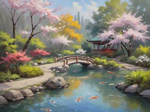 This detailed painting depicts a serene Japanese garden scene centered around a tranquil pond. The pond, with its greenish-blue water, is home to several large koi fish, including white, orange, and white-and-orange varieties. A small wooden bridge with a railing spans the pond, leading to a concrete pathway that winds around the water. The garden is adorned with an array of trees, including cherry blossom trees with pink and white blossoms, as well as other trees with green, red, and yellow leaves. The background features a blue sky with white clouds, adding to the peaceful ambiance. A pagoda with a green roof and brown walls stands prominently in the scene, enhancing the traditional Japanese aesthetic. The overall composition is rich in detail, capturing the essence of a classic Japanese garden.