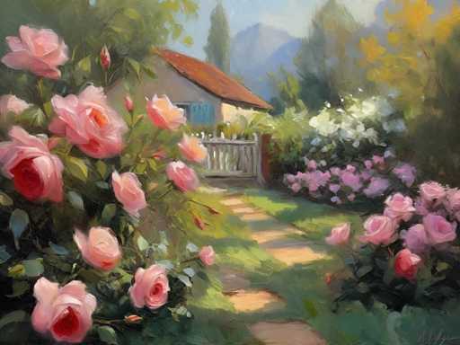 This detailed painting depicts a charming garden scene centered around a quaint, one-story house with a brown roof and blue shutters. The house, situated on the left side of the image, features a small porch with a white fence and a window with a blue shutter. A stone pathway, flanked by lush green grass, leads up to the house. The garden is abundant with vibrant flowers, including pink roses on the left side and a mix of white, purple, and pink flowers on the right. Tall trees with green leaves surround the house, and in the background, a majestic mountain range rises under a clear blue sky. The painting, rendered in an impressionistic style with visible brush strokes, captures the serene beauty of this picturesque setting.