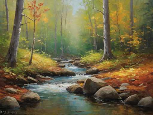 The image depicts a serene autumn forest scene with a river flowing through the center of the frame. The trees surrounding the river have leaves changing colors from green to yellow and orange, creating a beautiful contrast against the blue sky above. The painting is executed in an impressionistic style, characterized by loose brushstrokes that capture the essence of the scene rather than focusing on minute details.

The artist has used a variety of colors, including shades of green for the trees, browns and oranges for the leaves, and blues and whites to represent the sky and water. The painting is framed with a gray border, providing a neutral backdrop that allows the vibrant colors of the scene to stand out.