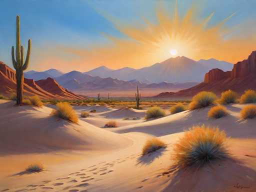 The image depicts a serene desert landscape at sunset. The main subjects are rolling sand dunes, scattered cacti, and distant mountains bathed in warm, golden light. The sun dominates the sky, casting long shadows across the dunes and creating a sense of vastness. The art style is impressionistic, with soft brushstrokes emphasizing the warm color palette and atmospheric perspective.