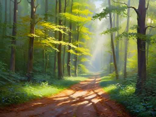 The image depicts a serene forest scene with sunlight filtering through the trees and casting long shadows on the dirt road that winds through the woods. The trees are lush and green, their leaves rustling gently in the breeze. The sun shines brightly from the top right corner of the photo, illuminating the path and creating a warm glow over the entire scene.