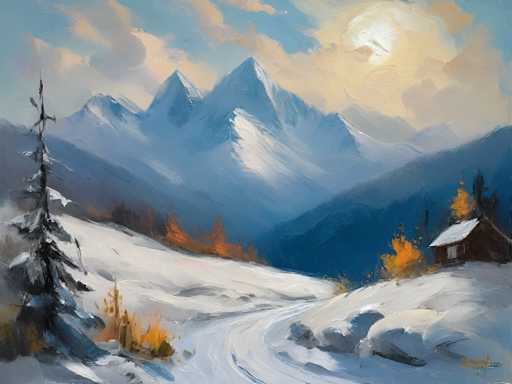 This painting depicts a serene winter landscape with a snow-covered road winding through the scene. The road, marked by tire tracks, curves gently from the bottom left towards the center, eventually disappearing into the distance. On the left side of the road stands a tall, dark pine tree, its branches laden with snow. The right side features a small, brown wooden cabin with a snow-covered roof, nestled among several other trees. The ground is blanketed in snow, with patches of orange and yellow grass peeking through. In the background, a majestic mountain range rises, with the closest peaks painted in shades of blue and gray, while the more distant ones are capped with snow. The sky above is a mix of blue and gray, with clouds tinged in yellow and orange hues, suggesting the presence of the sun. The overall scene is bathed in a soft, warm light, enhancing the tranquil beauty of the winter landscape.