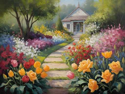 A vibrant, painterly image of a garden path leading to a charming cottage. The scene is bathed in soft sunlight, with colorful flowers in full bloom lining the path on either side. The cottage is white with a dark roof, and its windows are adorned with climbing plants. A lush green tree stands in the background, adding depth to the scene. The overall impression is one of peace and tranquility.