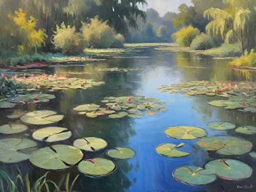 This painting depicts a serene, expansive pond or lake, likely situated in a park or forest. The water is a striking blue, reflecting the sky and the surrounding trees, creating a tranquil atmosphere. Scattered across the water are numerous green lily pads, some adorned with pink and red flowers, adding vibrant splashes of color. The shoreline is lined with lush green grass and a variety of trees, including some with yellow leaves, suggesting a fall setting. The scene is devoid of people, animals, or boats, emphasizing the untouched beauty of nature. The painting is signed in the bottom right corner, though the signature is not legible.