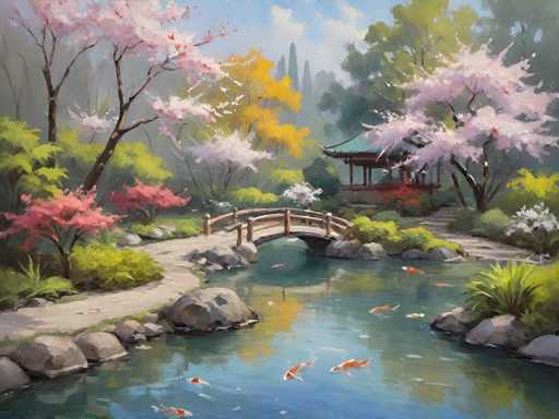 The image depicts a serene Japanese garden scene with a stone bridge arching over a pond filled with koi fish swimming beneath it. The garden is lush and vibrant, featuring cherry blossom trees in full bloom on the left side of the frame. The sky above is clear blue with scattered clouds.