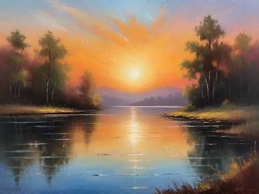 This painting depicts a serene lake at sunset, with a vivid and detailed landscape. The sky transitions from a deep blue at the top to a warm orange near the horizon, where the sun sits as a bright yellow orb. The sun's rays fan out across the sky, creating a gradient of colors that blend into the blue and purple hues of distant mountains. The lake's surface is calm, with gentle ripples reflecting the vibrant sky and the silhouettes of the surrounding trees. On either side of the lake, there are grassy banks and clusters of trees, with a few tall trees standing prominently in the foreground. The overall scene is tranquil, capturing the peaceful beauty of nature at dusk.