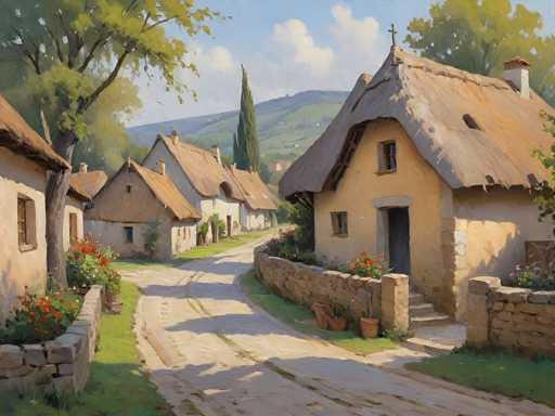A charming, idyllic village scene in a painting style. The image depicts a cluster of traditional, quaint houses with thatched roofs nestled along a cobblestone street in a picturesque setting. The houses are constructed from light-colored stone, and the thatched roofs have a warm, golden hue. Lush greenery surrounds the houses, with vibrant flowers spilling over stone walls and potted plants lining the street. The scene is bathed in soft sunlight, casting long shadows that dance across the cobblestones and walls. In the background, rolling green hills rise towards a clear blue sky with fluffy white clouds. The overall impression is one of tranquility, charm, and timeless beauty.