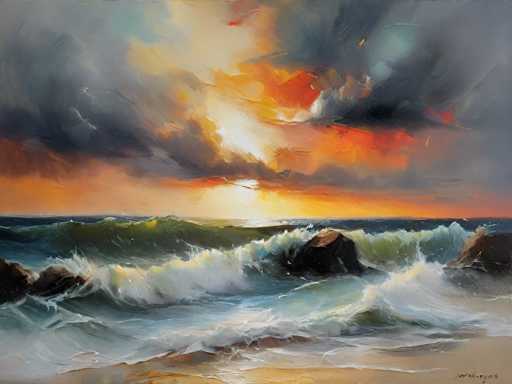 This painting depicts a dramatic sunset over a turbulent ocean, with the sky painted in a mix of dark gray, orange, and yellow hues. The sun, positioned near the horizon, casts a warm glow that reflects off the water, creating a striking contrast against the dark clouds. The ocean is portrayed with large, crashing waves in shades of blue, green, and white, some of which are splashing onto a sandy beach visible in the bottom right corner. The waves are particularly intense, with white foam cresting at their peaks. Scattered throughout the water are several rocks, adding to the scene's rugged texture. The overall composition captures the raw power and beauty of nature, with the interplay of light and shadow enhancing the painting's dramatic effect.
