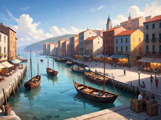 This image depicts a picturesque European canal scene, likely set in Italy. The canal is lined with charming, old-world buildings, predominantly in shades of white, yellow, and red, with most featuring red-tiled roofs. The water is a serene blue, reflecting the clear, sunny sky dotted with fluffy white clouds. Along the canal, there are several wooden boats, some resembling traditional Venetian gondolas, with one even having a small sail. The boats are moored along the stone docks, where people are seen sitting and enjoying the tranquil atmosphere. The scene is bustling with life, as people stroll along the sidewalks, some sitting at tables, possibly eating or shopping at the various stalls and market areas. In the background, a hill covered with trees rises up, adding to the scenic beauty of this quaint, vibrant locale.