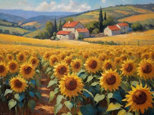 This detailed painting captures a serene countryside scene dominated by a vast field of sunflowers stretching from the foreground to the middle of the image. The sunflowers, with their vibrant yellow petals and brown centers, are meticulously arranged in rows, interspersed with patches of brown dirt. In the background, a picturesque hillside dotted with green trees and bushes rises up, leading to a cluster of charming white houses with red roofs. These houses, some with chimneys, are nestled among the greenery, creating a quaint village setting. Beyond the houses, the landscape continues with more rolling hills and distant mountains, all under a clear blue sky adorned with fluffy white clouds. The overall composition evokes a sense of tranquility and natural beauty, reminiscent of a peaceful rural area.