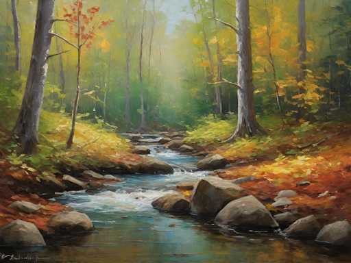 The image depicts a serene autumn forest scene. The main focus is a flowing stream winding through the landscape, flanked by moss-covered rocks and vibrant fall foliage. Tall, slender trees with golden and orange leaves create a sense of depth, while soft sunlight filters through the trees. The art style is impressionistic, emphasizing light and color to evoke a tranquil atmosphere.