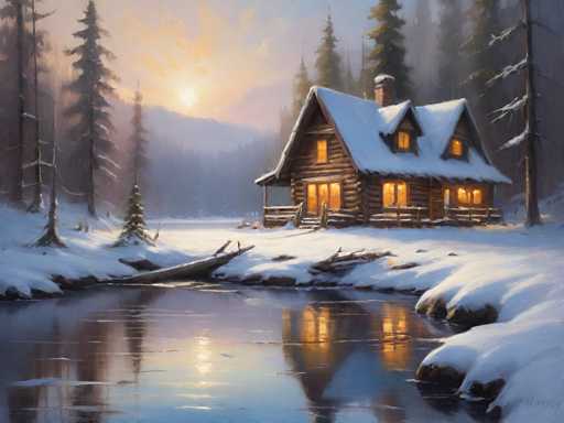 The image depicts a serene winter scene featuring a log cabin nestled amidst snow-covered trees and a frozen river. The cabin has a wooden roof and is surrounded by tall evergreen trees with snow-laden branches. A small stream runs through the center of the image, reflecting the warm glow of the setting sun on its surface.