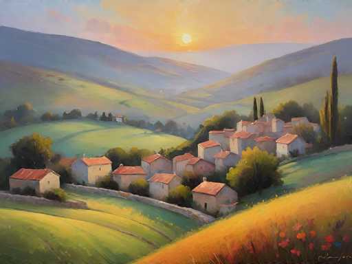 This painting depicts a picturesque countryside scene, likely set in a European village, possibly Italy. The foreground features a vibrant field of wildflowers, predominantly red and yellow, interspersed with green grass. A stone wall runs diagonally from the bottom left to the middle right of the image, dividing the field from a cluster of white stone buildings with red roofs. These buildings, which resemble traditional Italian villas, are arranged in a semi-circular pattern, with some structures appearing to be single-story while others are two-story. The village is nestled in a valley, surrounded by rolling hills and lush greenery. In the background, a majestic mountain range stretches across the horizon, with the sun either rising or setting behind it, casting a warm glow over the landscape. The sky is painted in hues of orange, pink, and blue, adding to the serene and idyllic atmosphere of the scene.