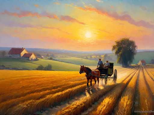 This detailed painting captures a serene rural scene at either sunrise or sunset, with the sun positioned low on the horizon, casting a warm glow across the landscape. The sky is a blend of blue, yellow, and orange hues, with clouds tinged in pink and purple. In the foreground, a brown horse pulling a black carriage with large wheels is seen moving towards the left. Inside the carriage, two men dressed in blue are seated, one wearing a hat. The horse and carriage traverse a field of golden wheat, with the stalks swaying gently. To the right of the scene stands a large tree, while to the left, a white farmhouse with a red roof and a smaller barn are nestled among green fields. In the distance, additional farmhouses and trees complete the pastoral setting, adding depth and a sense of tranquility to the artwork.