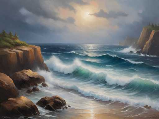 A dramatic, oil-on-canvas painting depicting a rugged coastline with crashing waves. The scene is dominated by deep blues and greens of the turbulent ocean, contrasted by warm oranges and browns of the rocky cliffs. The sky is a mix of dark, stormy clouds with hints of pale sunlight breaking through, creating a sense of dramatic light and shadow. The waves are rendered with dynamic brushstrokes, capturing the movement and power of the water as they crash against the rocks. The overall mood is one of awe-inspiring natural beauty and a touch of wildness.