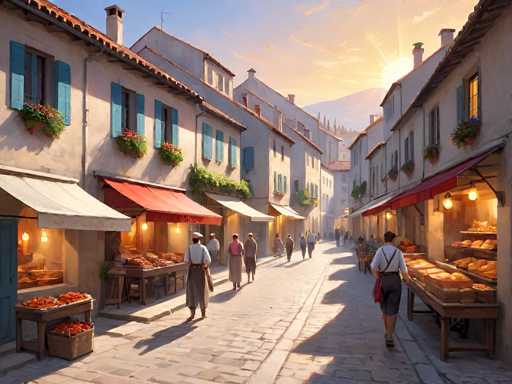 The image depicts a charming, old-world European street, likely in Italy, bathed in the warm glow of either sunrise or sunset. The cobblestone road is lined with closely packed, white stucco buildings, each adorned with blue shutters and flower boxes brimming with vibrant blooms. The scene is bustling with people, many dressed in traditional attire such as long skirts, long pants, and suspenders, some carrying baskets over their shoulders. The street is lined with various shops, including a bakery on the right side where a man stands beside a table laden with bread. On the left, another shop displays what appears to be tomatoes or peppers. The buildings feature a mix of awnings, with some in white and others in red, adding to the quaint, picturesque atmosphere. The sky above is a beautiful blend of blue and orange hues, with the sun peeking over distant mountains, casting a serene light over the entire scene.