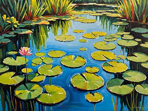 The image depicts a serene pond filled with water lilies and other aquatic plants. The lily pads cover the surface of the water, creating a beautiful reflection that adds depth to the scene. A pink flower is present in the center of the painting, adding a touch of color contrast against the green foliage surrounding it. The artist's signature "KL" can be seen at the bottom right corner of the image.