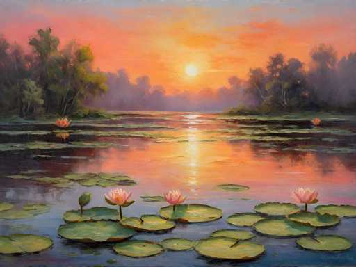 This painting captures a serene sunset over a tranquil lake, with the sky painted in a gradient of orange, yellow, and pink hues. The sun, positioned centrally, casts a warm glow that reflects beautifully on the water below. In the foreground, green lily pads adorned with pink and orange flowers float gracefully on the lake's surface. The background features a dense array of trees, their silhouettes darkened by the encroaching twilight. The overall scene exudes a sense of peace and natural beauty, with the interplay of light and color creating a harmonious and picturesque landscape.