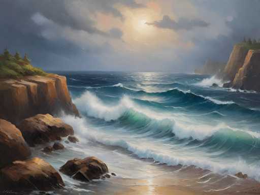 This detailed painting captures a dramatic coastal scene, likely created with oil paints. The composition is dominated by a turbulent ocean, with large waves crashing against the rocky shoreline. The water is a deep blue, transitioning to white where the waves break. The beach, visible in the bottom right corner, is a light brown, sandy expanse.

On the left side of the painting, a prominent cliff rises, topped with green grass and trees. This cliff is brown and adds a sense of ruggedness to the scene. To the right, another cliff juts into the water, also adorned with greenery. The sky above is a mix of dark gray and blue, with clouds partially obscuring the sun, which casts a muted light over the entire landscape. The overall atmosphere is one of raw, natural beauty and powerful motion.