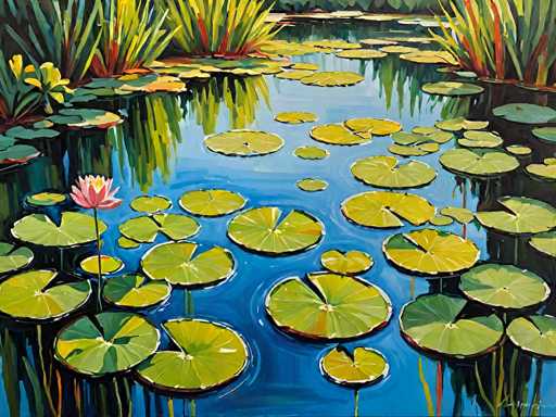 This image is a detailed painting of a serene pond, featuring a variety of lily pads and aquatic plants. The pond's water is a striking blue, reflecting the surrounding flora and sky. In the foreground, there are large, circular lily pads with a mix of green and yellow hues, some of which are partially submerged. A single pink water lily stands out among them, adding a touch of color. The background is filled with more lily pads and tall, grass-like plants in shades of green, yellow, and red, creating a lush, vibrant scene. The painting is signed in the bottom right corner, though the signature is not legible. The overall composition captures the tranquil beauty of a natural pond ecosystem.