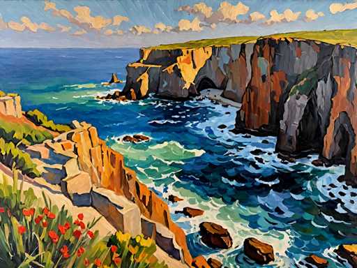 A vibrant, impressionistic painting of a coastal cliffside scene. The cliffs are rugged and layered, with warm orange and brown tones dominating the rock formations. The water crashes against the base of the cliffs, creating a dynamic interplay of turquoise and deep blue hues. The sky is a soft blend of pale blues and light clouds, with hints of golden sunlight reflecting on the water. A few red wildflowers dot the foreground, adding a pop of color to the scene. The overall impression is one of tranquility and the raw power of nature.