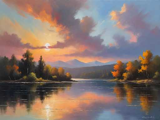 This image is a detailed painting of a serene lake at sunset. The sky is a vibrant mix of orange, pink, and blue hues, with the sun partially obscured by clouds, casting a warm glow over the scene. The lake's surface is calm and reflective, mirroring the colorful sky and the surrounding landscape. On the left side of the image, there is a dense cluster of tall trees, including both green and orange foliage, with some bushes at the base. The right side features a smaller group of trees, similarly adorned with green and orange leaves. In the background, a range of mountains stretches across the horizon, adding depth to the composition. The overall atmosphere is tranquil and picturesque, capturing the beauty of nature at dusk.