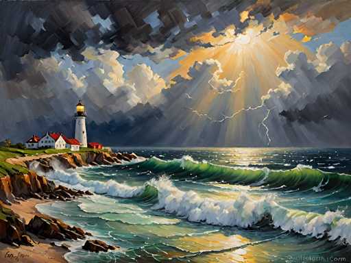 This painting depicts a dramatic coastal scene with a lighthouse and several houses perched on a rocky cliff. The sky is filled with dark, ominous clouds, but a bright sun is breaking through, casting rays of light that illuminate the water below. The ocean is depicted with large, crashing waves that have white crests, and the water itself is a mix of green and blue hues. The rocky cliff is brown and jagged, with patches of grass and a sandy beach visible in the bottom left corner. On the cliff, there are four houses with red roofs and white walls, and a tall white lighthouse with a black top and a glowing yellow light. The overall atmosphere of the painting is one of contrast between the turbulent sea and sky and the serene, illuminated lighthouse and houses.