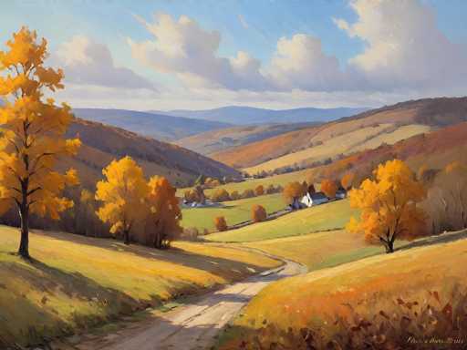 This painting depicts a serene autumn landscape, likely set in New England. The scene is dominated by a winding dirt road that meanders through the foreground, flanked by vibrant fall foliage. The trees lining the road are adorned with a mix of bright yellow, orange, and red leaves, creating a warm and inviting atmosphere. In the background, rolling hills and mountains stretch into the distance, their slopes a blend of green, brown, and golden hues. Nestled among the trees, a small white house with a gray roof stands out, adding a touch of human presence to the otherwise natural setting. The sky above is a clear blue, dotted with fluffy white clouds, completing this picturesque and tranquil autumn scene.