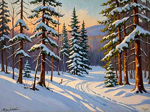 This detailed painting depicts a serene winter landscape, likely set in a mountainous region. The scene is dominated by a snowy forest, with tall, slender trees that have brown trunks and green leaves heavily laden with snow. The ground is blanketed in pristine white snow, crisscrossed by faint tracks that suggest the passage of a vehicle. In the background, majestic mountains rise, their peaks dusted with snow, under a sky that transitions from a light blue to a soft orange hue, hinting at either dawn or dusk. The overall atmosphere is tranquil and picturesque, capturing the essence of a quiet winter day. The painting is signed in the bottom left and right corners, though the signatures are not legible.