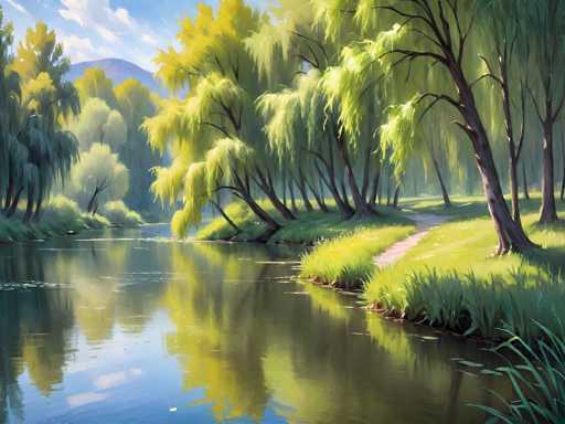 This image is a detailed painting of a serene, natural landscape. The scene features a calm body of water, possibly a pond or river, that reflects the surrounding environment. The water is bordered by lush green grass and tall trees, some of which have branches that droop down like willows. A dirt path meanders along the right side of the water, leading into the distance where it disappears among the trees. The sky above is a clear blue with scattered white clouds, and a mountain can be seen in the background. The overall color palette includes shades of blue, white, gray, green, yellow, and brown, creating a harmonious and tranquil atmosphere. The painting captures the essence of a peaceful, secluded natural setting, with no people or animals present.