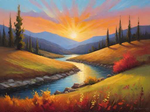 This painting depicts a serene landscape at either sunrise or sunset, characterized by a vibrant and colorful sky. The sun, positioned centrally, radiates warm hues of yellow, orange, and pink, casting a golden glow across the scene. The sky transitions from these warm tones to a soft blue at the top, with hints of purple adding depth.

In the background, a range of mountains stretches across the horizon, rendered in shades of blue and purple. These mountains are framed by tall, slender pine trees that line the slopes, adding a touch of green to the composition.

The foreground features a gently winding river, its blue waters reflecting the sunlight. The river is bordered by rocky banks and lush green grass. Scattered throughout the grassy areas are vibrant flowers in shades of red, orange, and yellow, adding splashes of color to the landscape.

Overall, the painting captures a tranquil moment in nature, with the interplay of light and color creating a harmonious and picturesque scene.