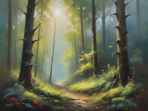 The image depicts a serene forest scene with tall trees and lush greenery. The sun is shining through the canopy of leaves, casting dappled shadows on the ground below. A dirt path winds its way through the center of the painting, inviting viewers to imagine walking along it. The artist's style is realistic, capturing the intricate details of the forest environment.