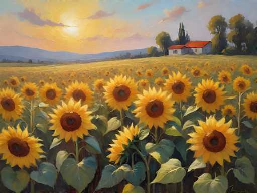 This painting depicts a serene, expansive field of sunflowers stretching across the foreground. The sunflowers, with their vibrant yellow petals and dark brown centers, are complemented by lush green leaves. The field extends towards the horizon, where a quaint farmhouse stands prominently. The farmhouse, characterized by its white walls and striking red roof, is nestled among a cluster of tall trees. To the left of the farmhouse, a majestic mountain range rises, adding depth to the landscape. The sky above is a blend of blue and yellow hues, with the sun casting a warm glow over the entire scene. The painting captures the essence of a tranquil countryside, with the sunflowers in full bloom dominating the lower half of the composition.