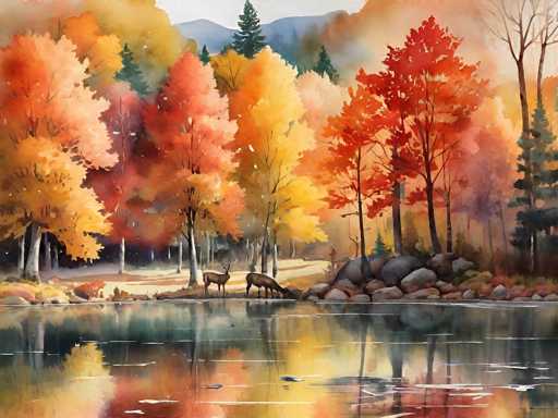 This watercolor painting captures a serene autumn landscape featuring a tranquil lake or pond in the foreground. The water is calm, with gentle ripples and reflections of the vibrant fall foliage. Two deer are drinking from the lake, adding a touch of life to the scene. The shoreline is adorned with large boulders and rocks, leading into a dense forest. The trees are a stunning array of fall colors—bright reds, oranges, yellows, and some lingering greens—creating a rich tapestry of autumn hues. In the background, a mountain range is visible, with a hint of sky peeking through. The overall composition is a harmonious blend of natural elements, showcasing the beauty of the season.