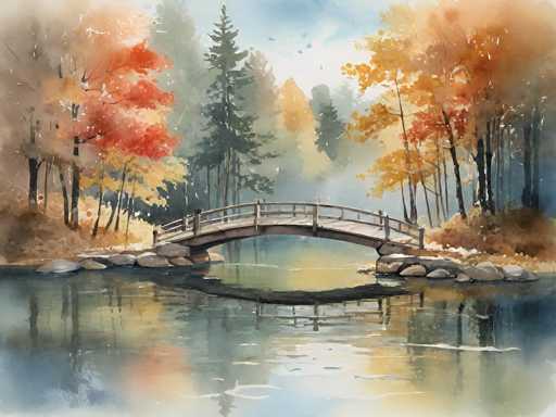 This watercolor painting depicts a serene autumn landscape featuring a small, arched wooden bridge spanning a calm river. The bridge, positioned centrally in the image, is flanked by rocky embankments and lush trees adorned with vibrant fall foliage in shades of red, orange, yellow, and green. The river below reflects the bridge and the colorful trees, creating a mirror-like effect. In the background, a mix of tall pine trees and deciduous trees with autumn leaves adds depth to the scene. The sky above is a blend of blue and white, with clouds adding texture to the tranquil setting. The overall composition captures the essence of a peaceful fall day in nature, with no people or animals present, emphasizing the quiet beauty of the landscape.