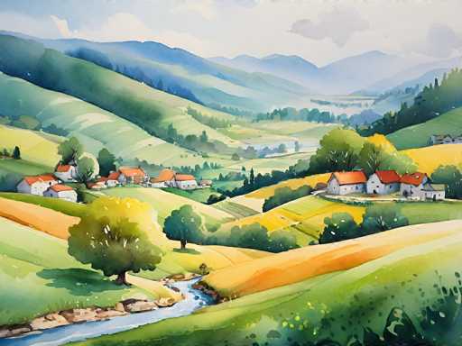 This detailed watercolor painting depicts a serene countryside landscape, characterized by rolling green hills and a winding blue stream that begins at the bottom left corner and meanders towards the center. The sky above is a light blue, adorned with fluffy white clouds, adding to the tranquil atmosphere. Scattered across the hills are several farmhouses, each with white walls and red roofs, nestled among lush green trees. The foreground features a prominent tree on the left side, with additional trees and bushes dotting the landscape. In the background, a majestic mountain range stretches across the horizon, with the peaks on the left appearing darker green and those on the right fading into a lighter blue. The overall scene is a harmonious blend of natural elements, capturing the essence of a peaceful rural setting.