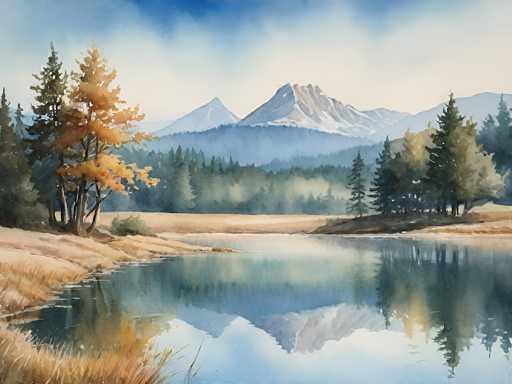 This is a serene watercolor landscape painting. The main focus is a calm lake reflecting distant, snow-capped mountains and autumnal trees lining the shore. The composition uses atmospheric perspective, with the mountains fading into a hazy blue in the distance and the foreground details rendered with more detail. The style is loose and impressionistic, emphasizing soft washes of color and gentle brushstrokes to create a tranquil, natural scene.