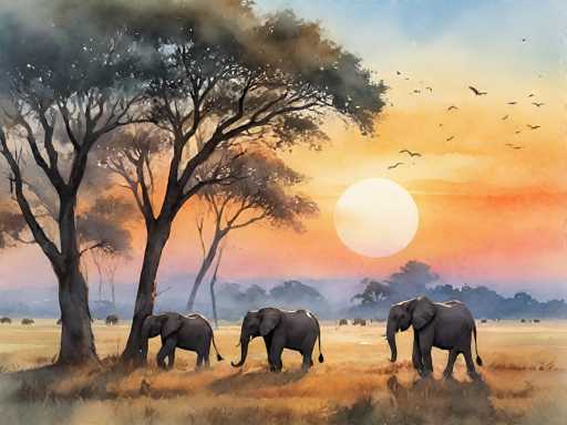 The image depicts a serene African savanna at sunset. The main subjects are several elephants, silhouetted against a vibrant orange and purple sky with a large, glowing sun. Two tall, bare trees stand in the foreground on the left, casting long shadows. A herd of smaller animals is visible in the distance. The art style is a soft, painterly digital illustration with warm, muted colors and a focus on atmospheric perspective.