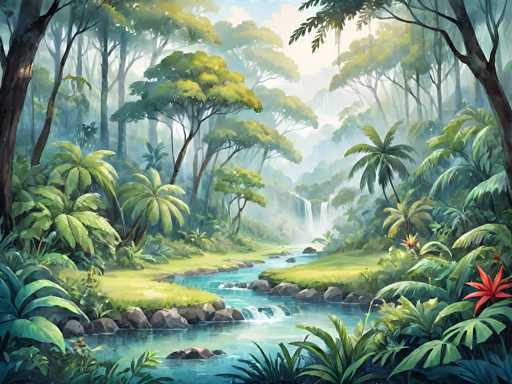 This image is a detailed, computer-generated painting of a lush tropical jungle scene. The foreground features a meandering river that flows from the bottom left corner, curves to the right, and then back to the left, eventually disappearing into the misty distance. The river is dotted with rocks and surrounded by vibrant green grass. On either side of the river, dense vegetation thrives, including various types of tropical plants, ferns, and palm trees. A striking red flower stands out in the bottom right corner, adding a pop of color to the greenery. The background is filled with tall trees, their canopies stretching upwards and blending into a sky that is a mix of blue and white clouds. The scene is enveloped in a misty atmosphere, enhancing the sense of depth and tranquility. The overall color palette is dominated by shades of green, with touches of blue, red, and white, creating a vivid and immersive depiction of a serene jungle landscape.