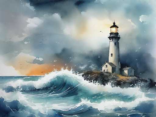 This detailed watercolor painting captures a dramatic coastal scene featuring a lighthouse on a rocky island amidst a tumultuous sea. The lighthouse, a tall white structure with a black roof, stands prominently on the right side of the image, its beacon shining brightly through a glass dome. The sky is filled with dark, ominous clouds, suggesting an impending storm, with a hint of orange light breaking through in the background, possibly from a setting sun. Below, the ocean is depicted with large, crashing waves in shades of blue and gray, their white crests adding to the sense of motion and chaos. The rocky island where the lighthouse stands is surrounded by these formidable waves, emphasizing the isolation and resilience of the lighthouse against the elements. The painting's use of watercolors creates a fluid, dynamic effect, enhancing the overall mood of a stormy, dramatic night by the sea.